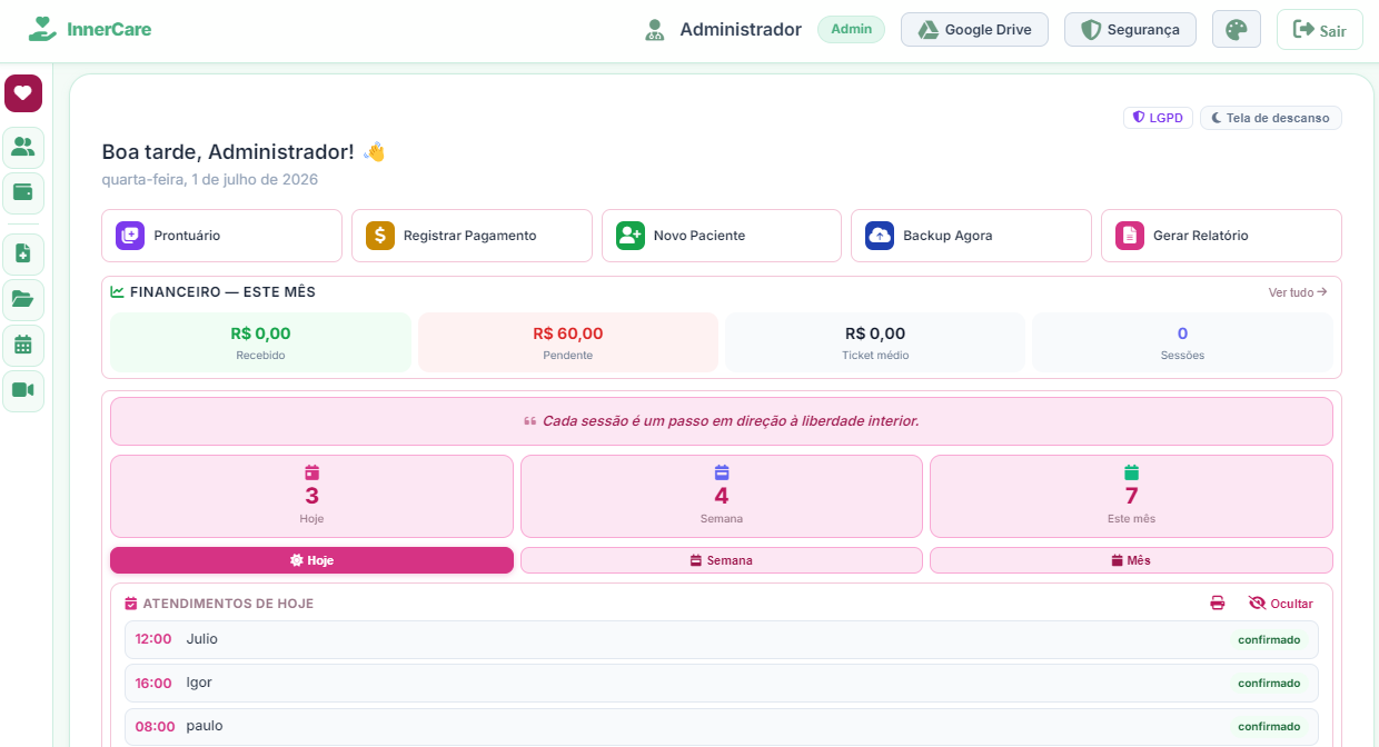 Painel do Psi mostrando atendimentos do dia e resumo financeiro