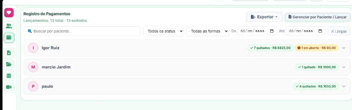Registro de pagamentos do Psi por paciente